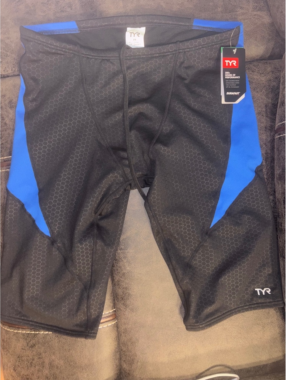 NWT TYR Hexa Curve Durafast Elite Jammer Swim Shorts Size 36 Black Blue